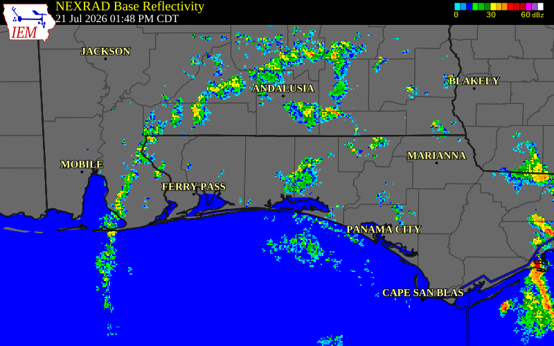 NEXRAD radar during the Tuesday, July 21, 2026 storm activity in Escambia County, Florida