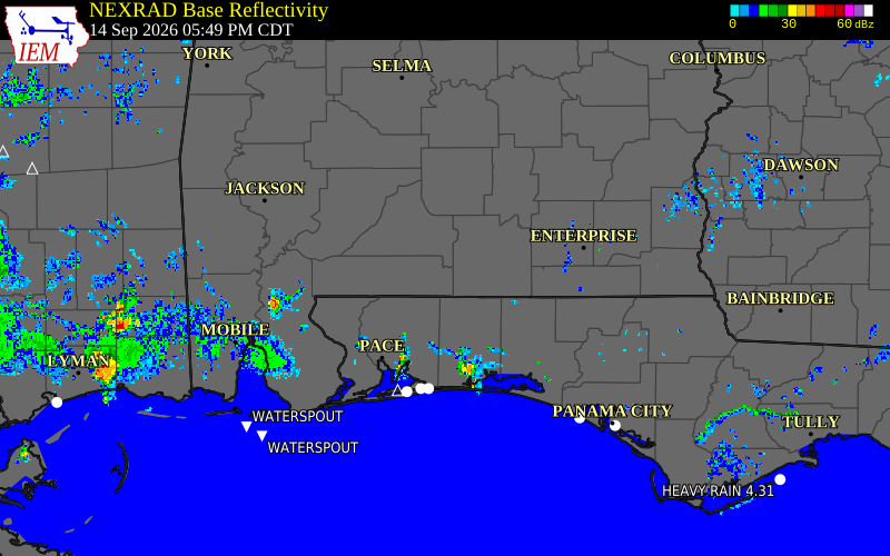 Current NEXRAD radar over Escambia County, Florida with recent storm report locations