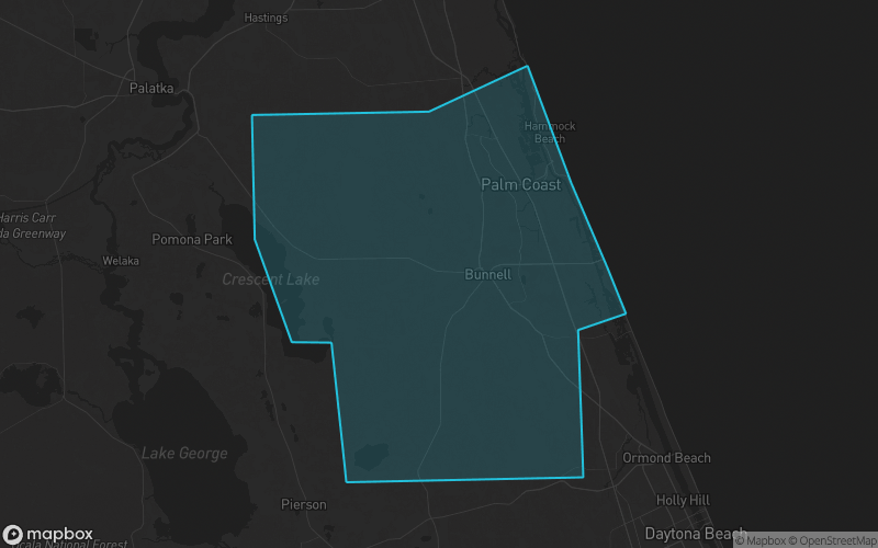 Map of Flagler County, Florida showing the county boundary and surrounding cities