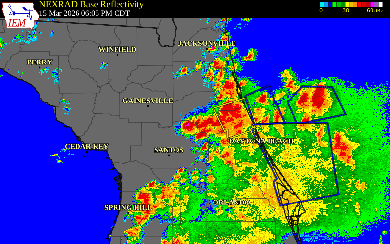 NEXRAD radar during the Sunday, March 15, 2026 storm activity in Flagler County, Florida