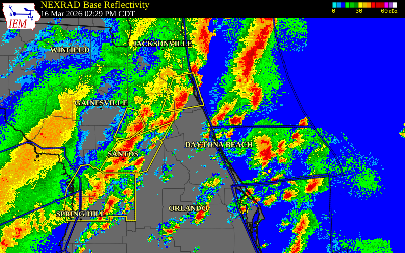 NEXRAD radar during the Monday, March 16, 2026 storm activity in Flagler County, Florida