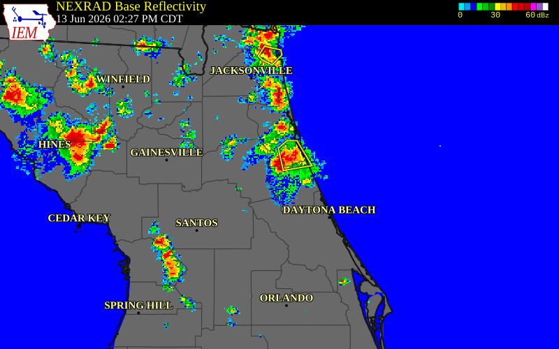 NEXRAD radar during the Saturday, June 13, 2026 storm activity in Flagler County, Florida