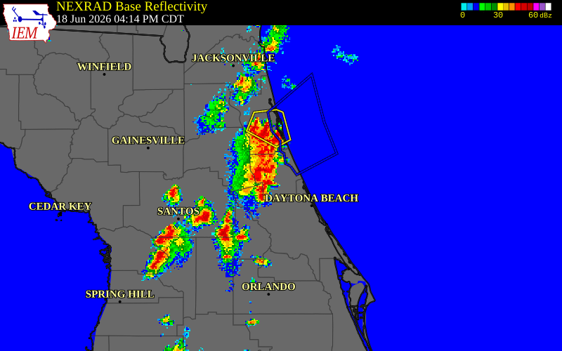 NEXRAD radar during the Thursday, June 18, 2026 storm activity in Flagler County, Florida