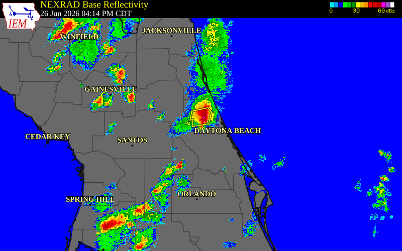 NEXRAD radar during the Friday, June 26, 2026 storm activity in Flagler County, Florida