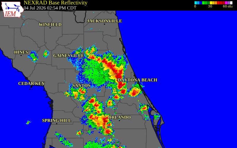 NEXRAD radar during the Saturday, July 4, 2026 storm activity in Flagler County, Florida