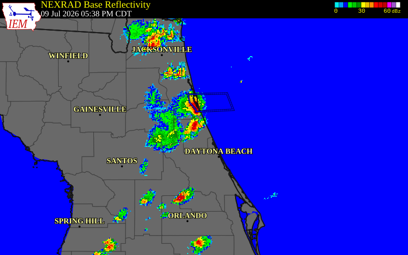 NEXRAD radar during the Thursday, July 9, 2026 storm activity in Flagler County, Florida