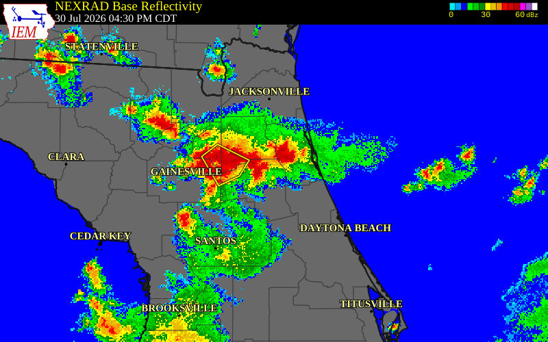 NEXRAD radar during the Thursday, July 30, 2026 storm activity in Flagler County, Florida