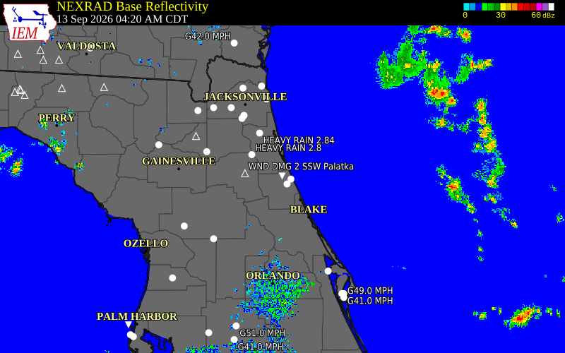 Current NEXRAD radar over Flagler County, Florida with recent storm report locations