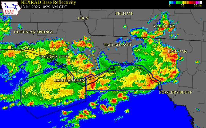 NEXRAD radar during the Monday, July 13, 2026 storm activity in Franklin County, Florida