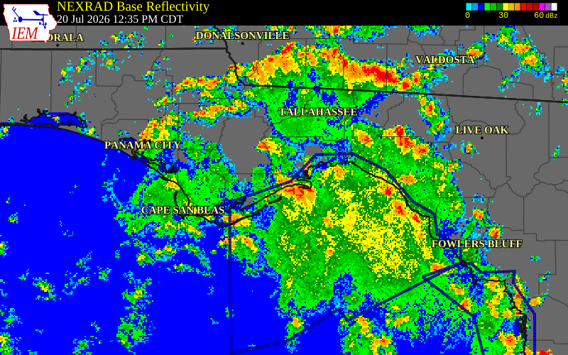 NEXRAD radar during the Monday, July 20, 2026 storm activity in Franklin County, Florida