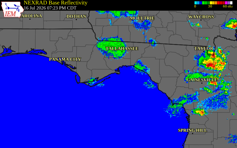 Radar snapshot during the Jul 16, 2026 wind event near 2 E Alligator Point, Franklin County, Florida, with NWS warning polygons