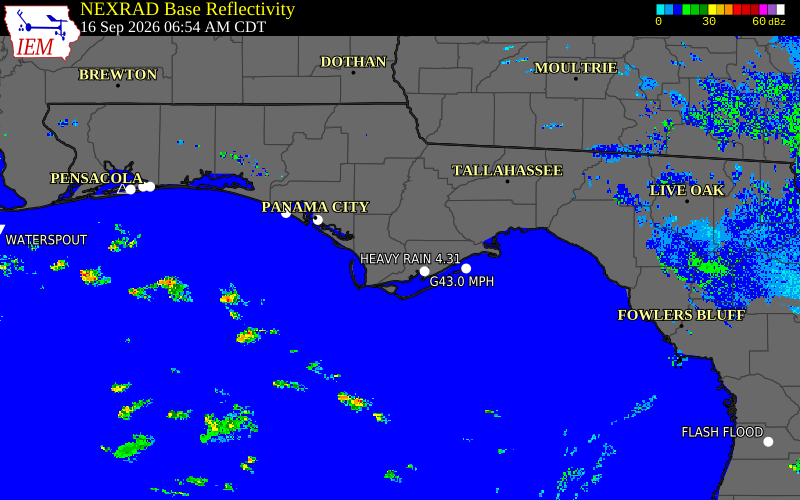 Current NEXRAD radar over Franklin County, Florida with recent storm report locations