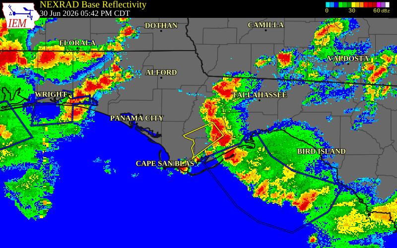 NEXRAD radar during the Tuesday, June 30, 2026 storm activity in Gadsden County, Florida