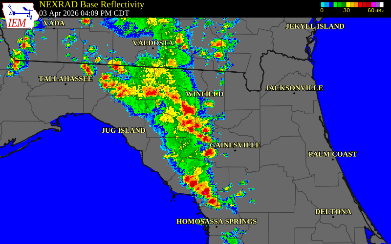NEXRAD radar during the Friday, April 3, 2026 storm activity in Gilchrist County, Florida