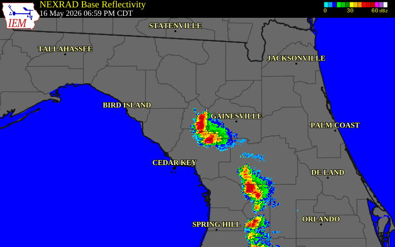 NEXRAD radar during the Saturday, May 16, 2026 storm activity in Gilchrist County, Florida