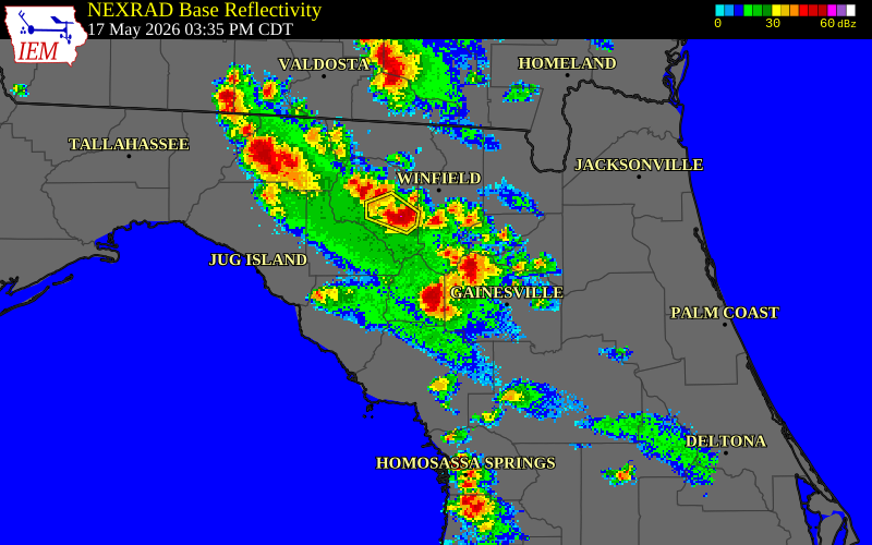 NEXRAD radar during the Sunday, May 17, 2026 storm activity in Gilchrist County, Florida