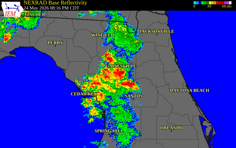 NEXRAD radar during the Sunday, May 24, 2026 storm activity in Gilchrist County, Florida