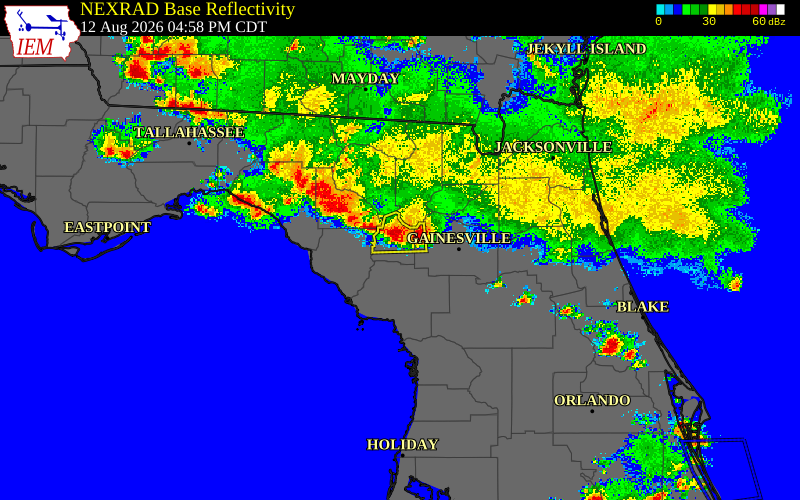 Radar snapshot during the Jul 29, 2026 wind event near Gilchrist County, Gilchrist County, Florida, with NWS warning polygons