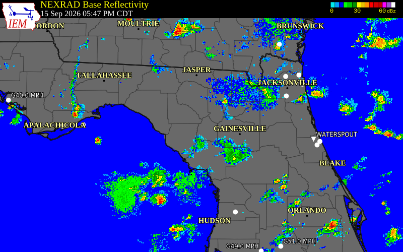 Current NEXRAD radar over Gilchrist County, Florida with recent storm report locations
