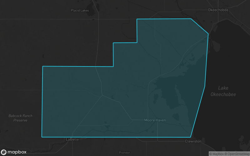 Map of Glades County, Florida showing the county boundary and surrounding cities