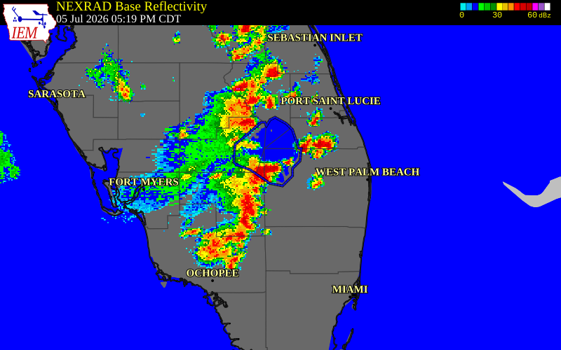 NEXRAD radar during the Sunday, July 5, 2026 storm activity in Glades County, Florida