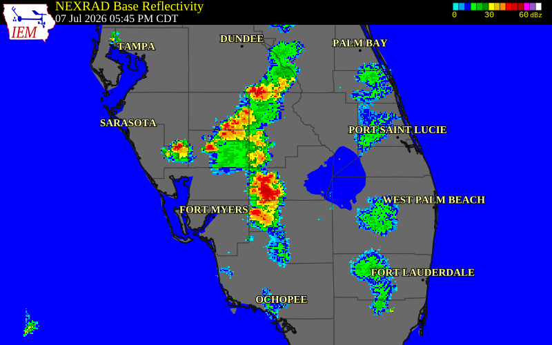 NEXRAD radar during the Tuesday, July 7, 2026 storm activity in Glades County, Florida