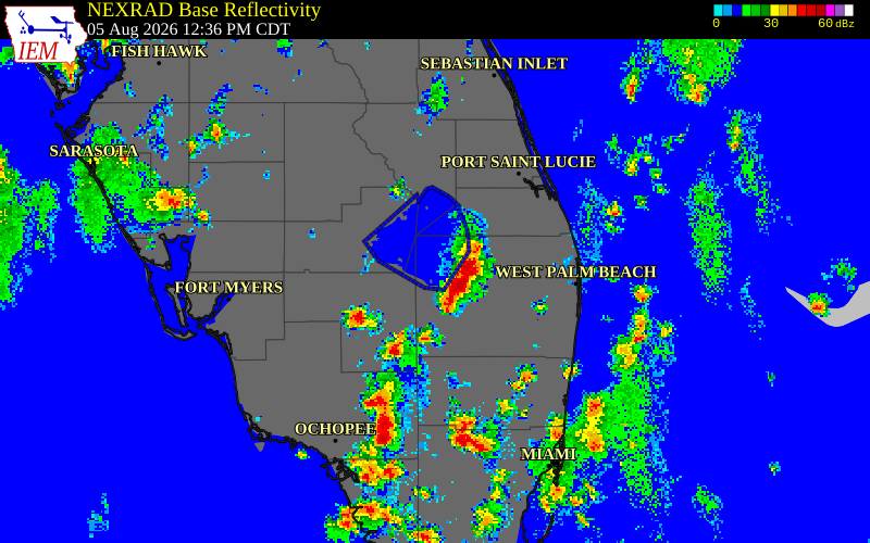 NEXRAD radar during the Wednesday, August 5, 2026 storm activity in Glades County, Florida