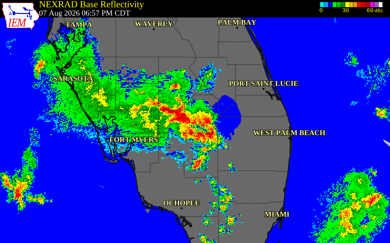 NEXRAD radar during the Friday, August 7, 2026 storm activity in Glades County, Florida