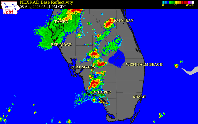 Radar snapshot during the Aug 8, 2026 wind event near Glades County, Glades County, Florida, with NWS warning polygons