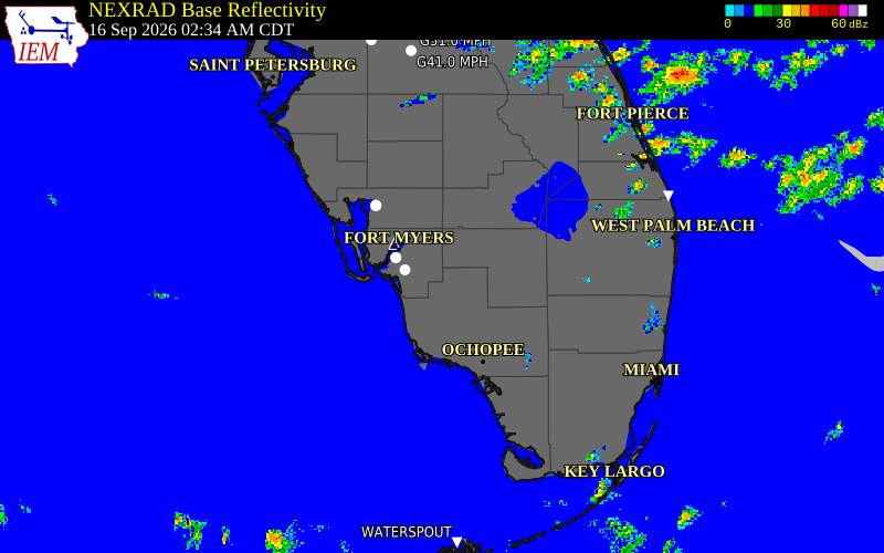 Current NEXRAD radar over Glades County, Florida with recent storm report locations