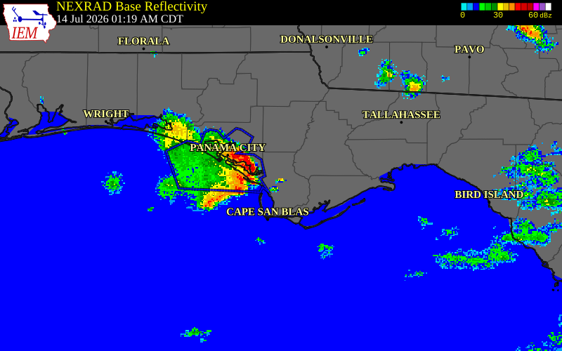 NEXRAD radar during the Tuesday, July 14, 2026 storm activity in Gulf County, Florida