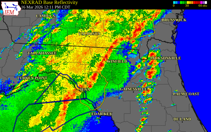 NEXRAD radar during the Monday, March 16, 2026 storm activity in Hamilton County, Florida