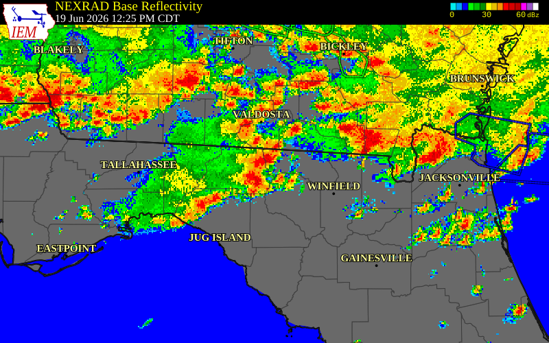 NEXRAD radar during the Friday, June 19, 2026 storm activity in Hamilton County, Florida