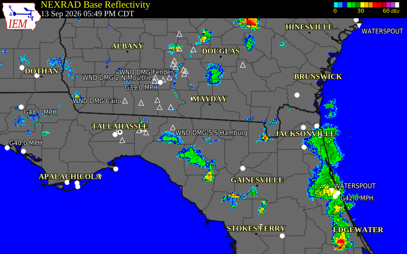 Current NEXRAD radar over Hamilton County, Florida with recent storm report locations