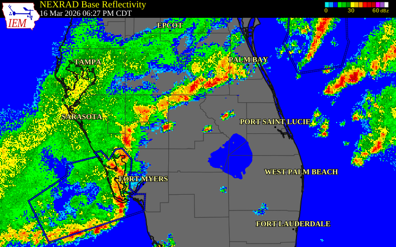 NEXRAD radar during the Monday, March 16, 2026 storm activity in Hardee County, Florida