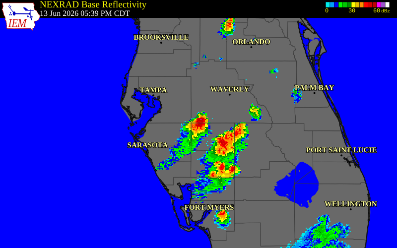 NEXRAD radar during the Saturday, June 13, 2026 storm activity in Hardee County, Florida