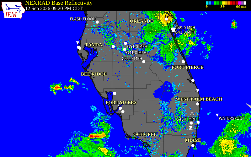Current NEXRAD radar over Hardee County, Florida with recent storm report locations