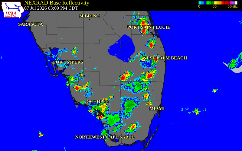 NEXRAD radar during the Tuesday, July 7, 2026 storm activity in Hendry County, Florida