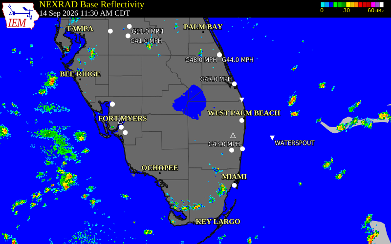 Current NEXRAD radar over Hendry County, Florida with recent storm report locations