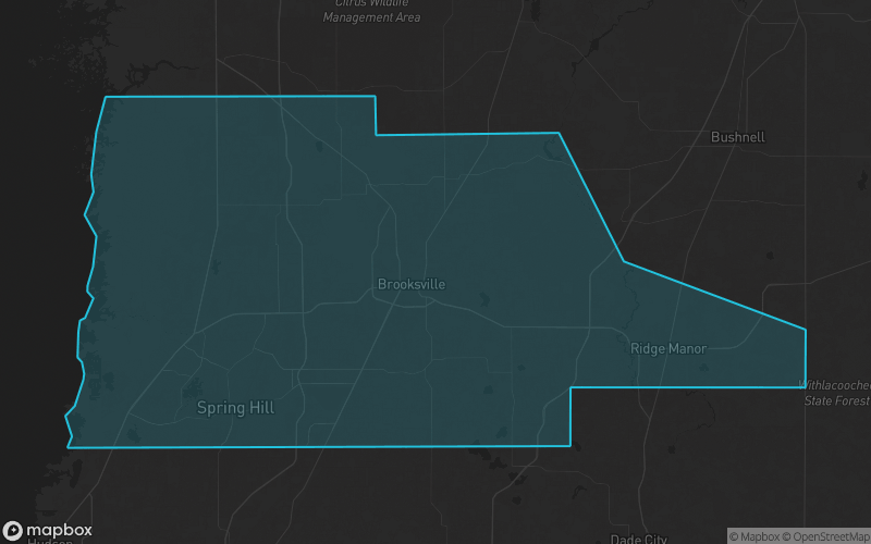Map of Hernando County, Florida showing the county boundary and surrounding cities