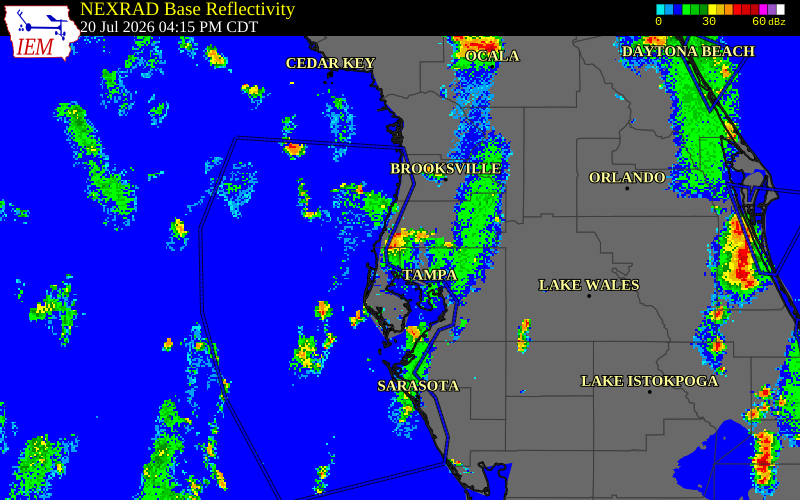 NEXRAD radar during the Monday, July 20, 2026 storm activity in Hernando County, Florida