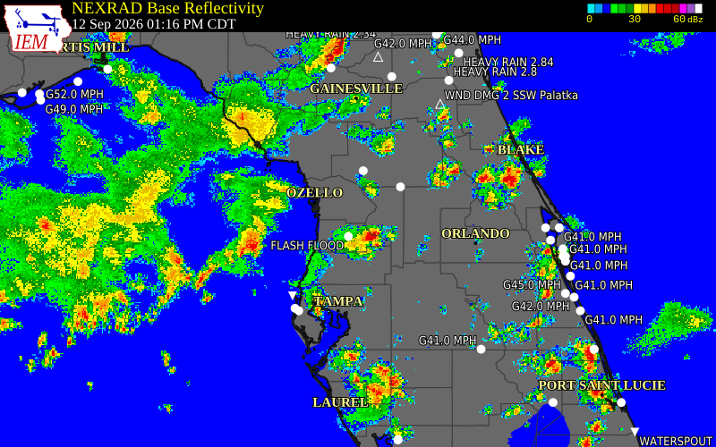 Current NEXRAD radar over Hernando County, Florida with recent storm report locations