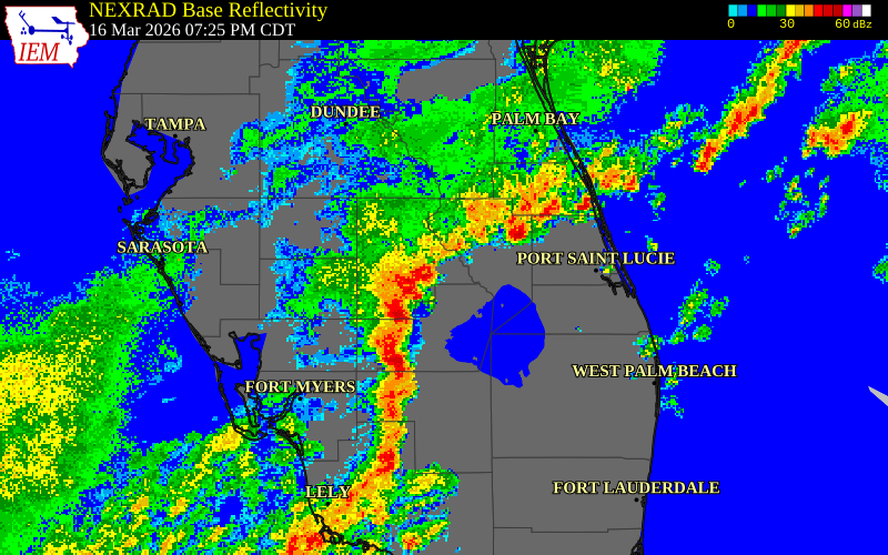 NEXRAD radar during the Monday, March 16, 2026 storm activity in Highlands County, Florida