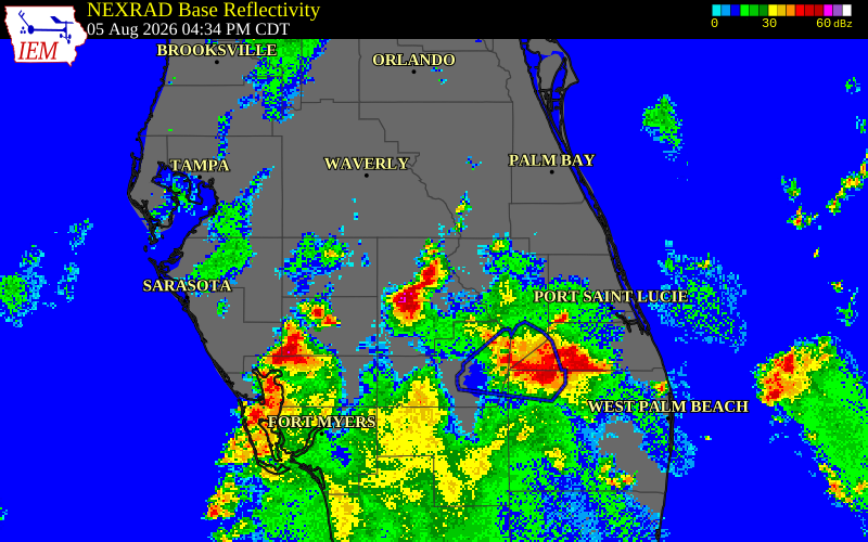 NEXRAD radar during the Wednesday, August 5, 2026 storm activity in Highlands County, Florida
