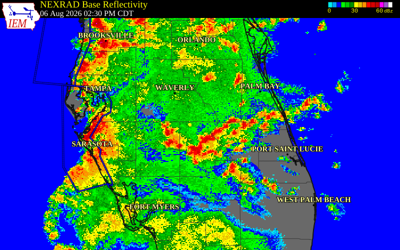 NEXRAD radar during the Thursday, August 6, 2026 storm activity in Highlands County, Florida