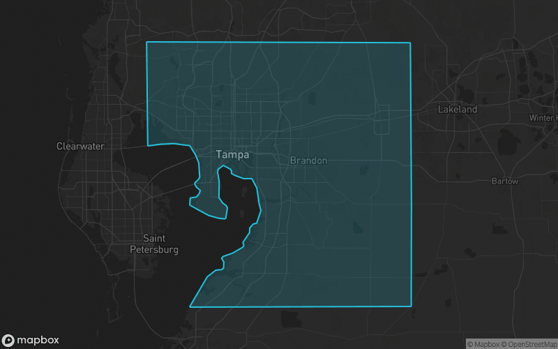 Map of Hillsborough County, Florida showing the county boundary and surrounding cities