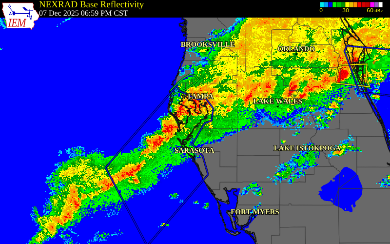 NEXRAD radar during the Sunday, December 7, 2025 storm activity in Hillsborough County, Florida