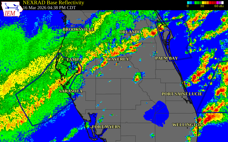 NEXRAD radar during the Monday, March 16, 2026 storm activity in Hillsborough County, Florida