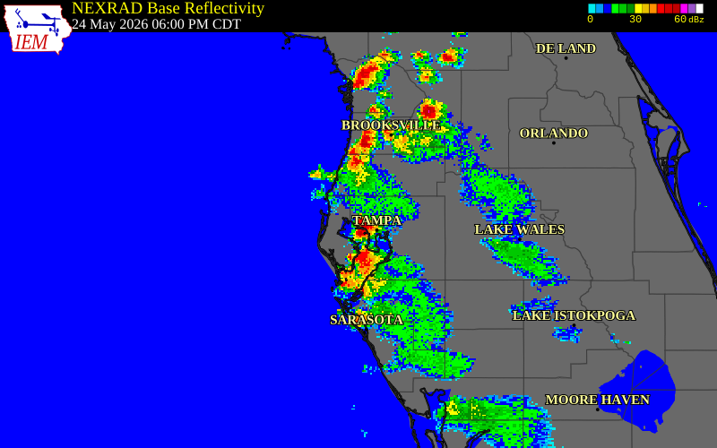 NEXRAD radar during the Sunday, May 24, 2026 storm activity in Hillsborough County, Florida