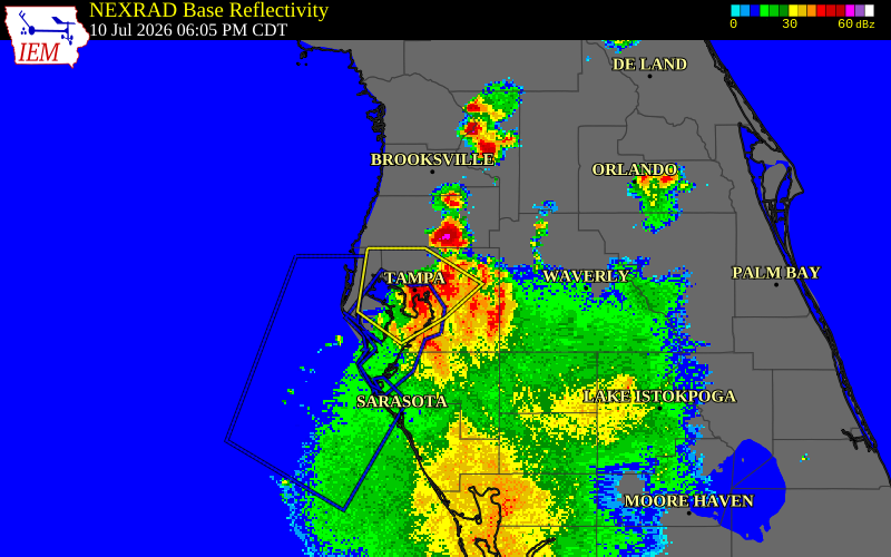NEXRAD radar during the Friday, July 10, 2026 storm activity in Hillsborough County, Florida